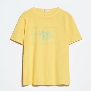 Zara Yellow “ Great Something Special Today” Text Printed T Shirt Size S